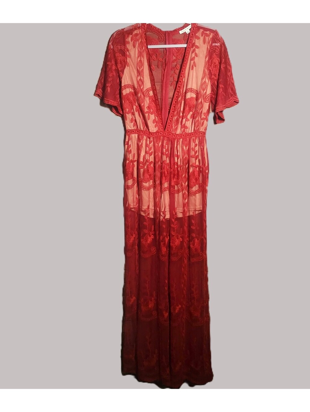 Haute Monde Deep V-Neck Lace Overlay Maxi Romper - Size L (measures as a Med)
